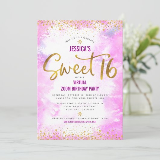 バーチャル甘い16ピンクウォーター金ゴールド誕生日 招待状 (スタンド正面)