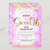 バーチャル甘い16ピンクウォーター金ゴールド誕生日 招待状 (正面/裏面)