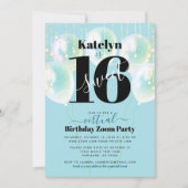 バーチャル甘い16誕生日ガーリーグラムブルーバルーン 招待状 (正面)