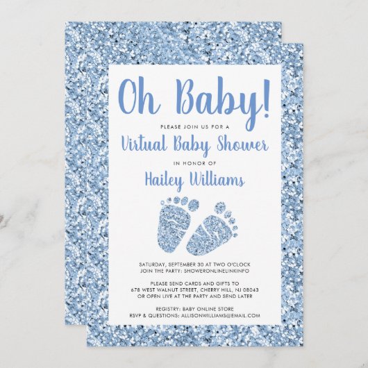 バーチャル男の赤ちゃんシャワーオーベビーブルーグリッター足 招待状 (正面/裏面)