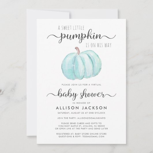 バーチャル男の赤ちゃんシャワーブルーパンプキンウォーターカラー 招待状 (正面)