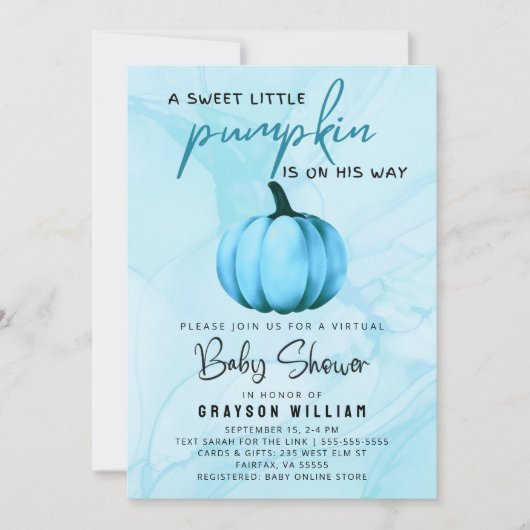 バーチャル男の赤ちゃんシャワーブルーパンプキン 招待状 (正面)