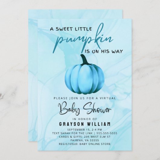 バーチャル男の赤ちゃんシャワーブルーパンプキン 招待状 (正面/裏面)