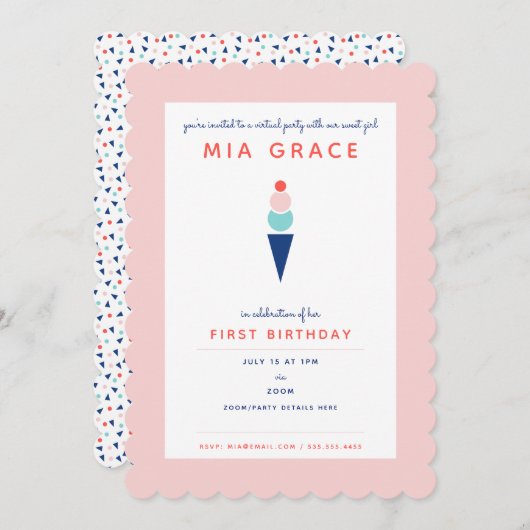 バーチャル第1誕生日アイスクリームズームパーティー 招待状 (正面/裏面)