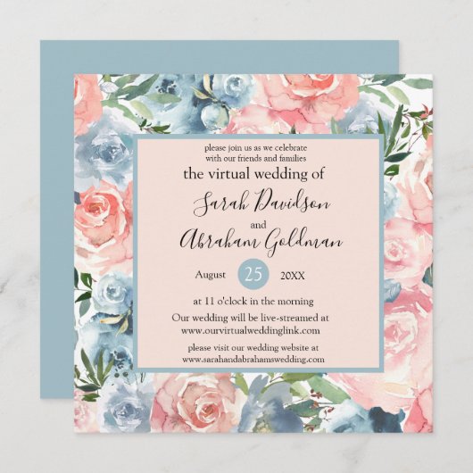 バーチャル結婚式招待状 - ピンクブルーの花 招待状 (正面/裏面)