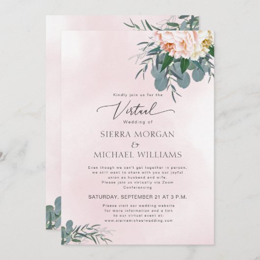 バーチャル結婚赤面ピンク牡丹の水色 招待状 (正面/裏面)