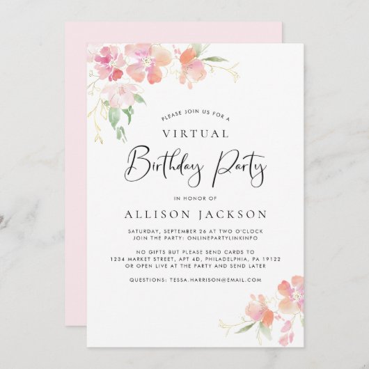 バーチャル誕生日パーティモダンピンク金ゴールドフローラ 招待状 (正面/裏面)