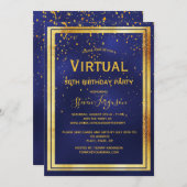 バーチャル誕生日パーティー50thブルー金ゴールド紙吹雪男性 招待状 (正面/裏面)