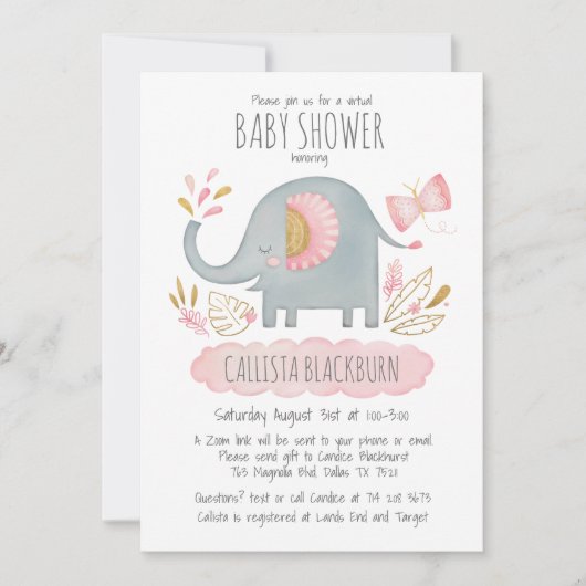 バーチャル象かわいい赤面ピンクの女の子ベビーシャワー 招待状 (正面)