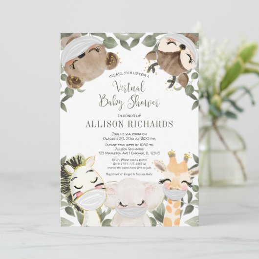 バーチャル赤ちゃんシャワーかわいい動物マスク 招待状 (スタンド正面)