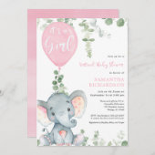バーチャル赤ちゃんシャワーエレファントピンクバルーン女の子 招待状 (正面/裏面)