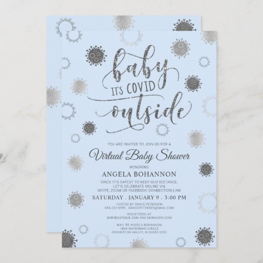 バーチャル赤ちゃんシャワーベビーの青の外でのコービデ 招待状 (正面/裏面)