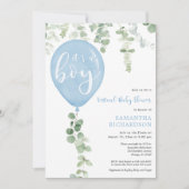 バーチャル赤ちゃんシャワーボーイブルーバルーンeucalyptus 招待状 (正面)