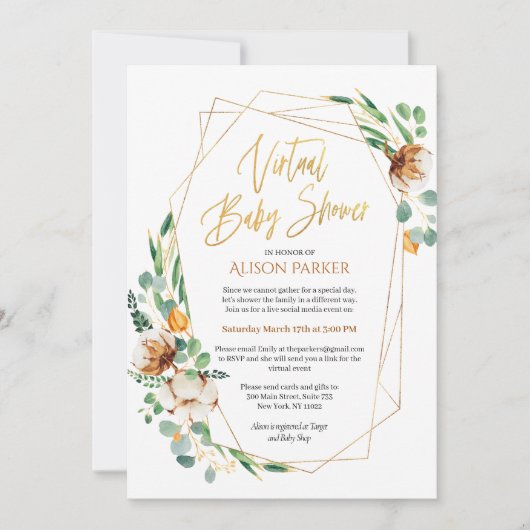 バーチャル赤ちゃんシャワーユーカリグリーン金ゴールド 招待状 (正面)