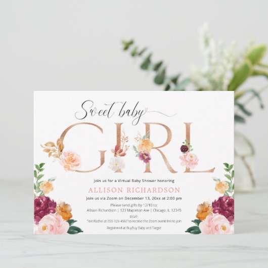 バーチャル赤ちゃんシャワー女の子バラ金ゴールドバーガンディ赤面 招待状 (スタンド正面)