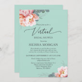 バーチャル赤面ピンクミントグリーンフローラブライダルシャワー 招待状 (正面/裏面)