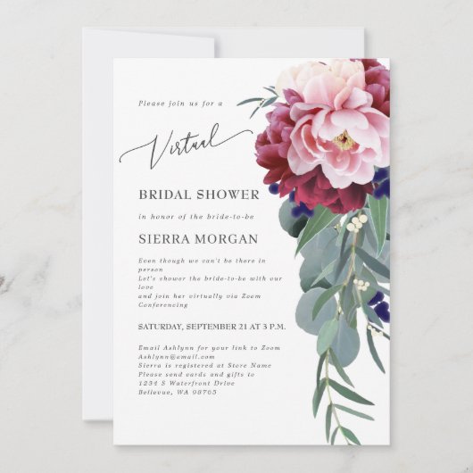 バーチャル赤面ブルガンディネイビーブルーブライダルシャワー 招待状 (正面)