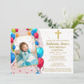 バーチャル1歳の誕生日バプティスピンクの金ゴールド文字写真 招待状 (スタンド正面)