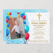 バーチャル1歳の誕生日バプティスブルー金ゴールド文字写真 招待状 (正面/裏面)