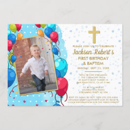 バーチャル1歳の誕生日バプティスブルー金ゴールド文字写真 招待状