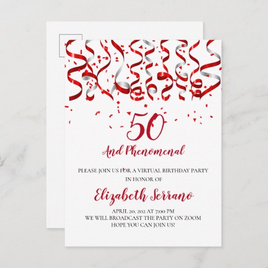 バーチャル50thバースデーパーティレッドストリーマー インビテーションポストカード (正面/裏面)