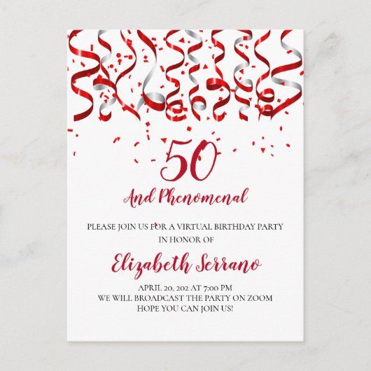 バーチャル50thバースデーパーティレッドストリーマー インビテーションポストカード (正面)