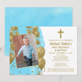 バーチャル ブルー ゴールド 洗礼 1歳 誕生日 テキスト フォト 招待状 (正面/裏面)