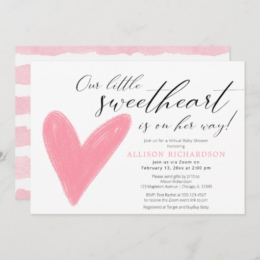 バーチャル·ベビー·シャモダンワー·ピンク色 招待状 (正面/裏面)