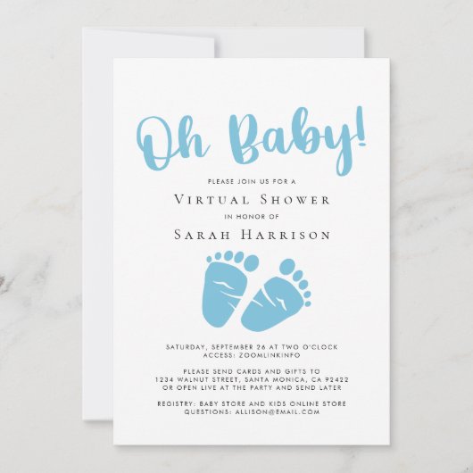 バーチャルOH男の赤ちゃんシャワーブルー足 招待状 (正面)