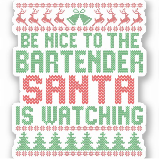 バーテンダーのサンタがプレゼントを見ているのに優しい シール (正面)