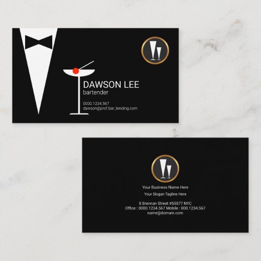 バーテンダーのタキシードのマルティーニスタイリッシュでシックなガラス 名刺 (正面/裏面)