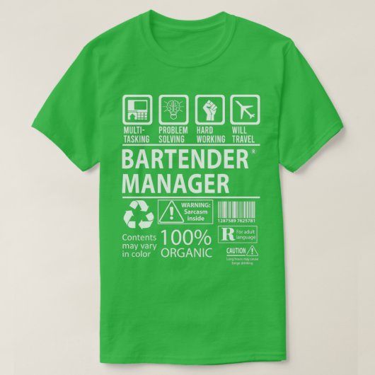 バーテンダー数々のマネージャーの仕事ギフトのアイテム Tシャツ (デザイン正面)