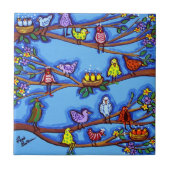 バーディと花お洒落フォークアートタイル タイル (正面)