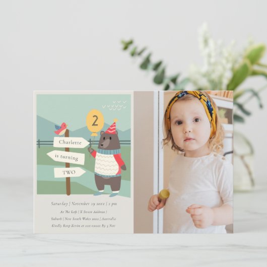 バーディベアマイルストーンエイジングフォト誕生日招待状 サンキューカード (スタンド正面)