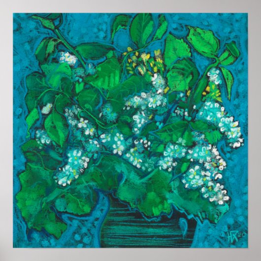 バードさくらんぼフラワーズブロッサムフローラパステル絵画ズ ポスター (正面)