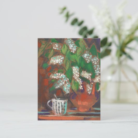 バードさくらんぼフラワーズブロッサムフローラパステル絵画ズ ポストカード (スタンド正面)