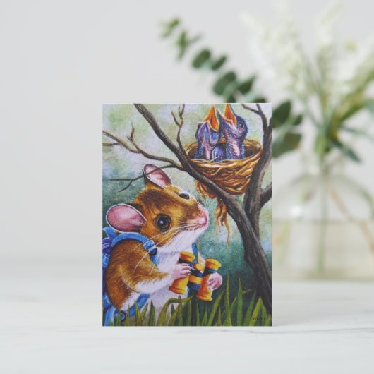 バードウォッチングフィールドマウスがネストウォーターカラーアートを見つける ポストカード (スタンド正面)