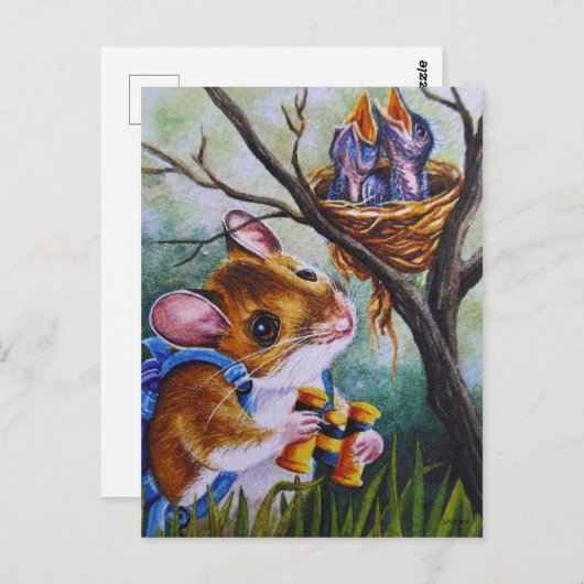 バードウォッチングフィールドマウスがネストウォーターカラーアートを見つける ポストカード (正面/裏面)