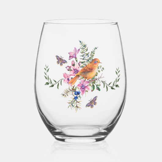 バードウォーターの色の植物性ユーカリ緑の葉 ステムなしワイングラス (正面)