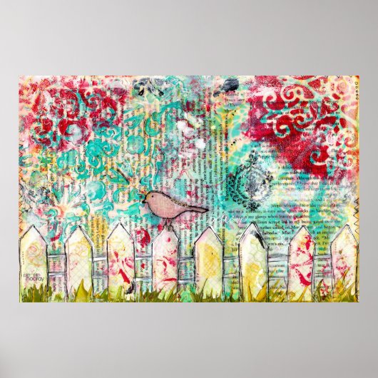 バードオンホワイトピケットフェンス混合メディアプリント ポスター (正面)