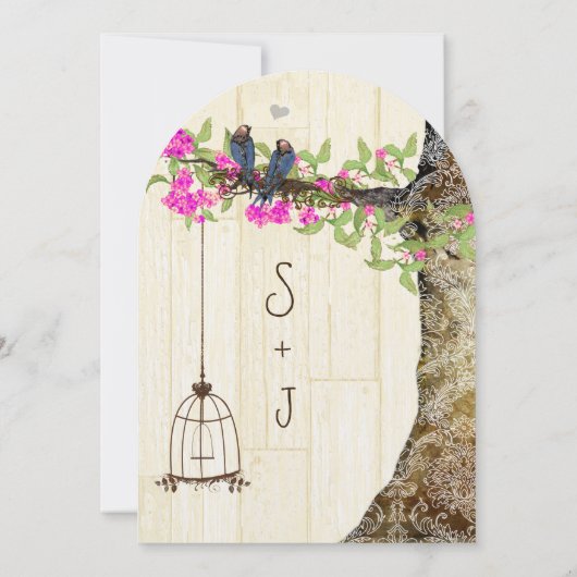 バードケージピンクのネイビーヴィンテージの鳥のダマ結婚スク 招待状 (裏面)