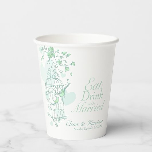 バードケ結婚ージの名前をカスタムするは緑と白 紙コップ (裏面)