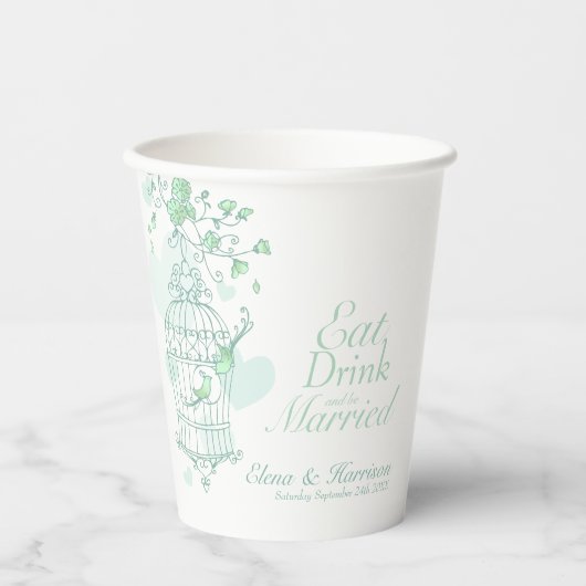 バードケ結婚ージの名前をカスタムするは緑と白 紙コップ (正面)