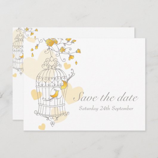 バードケ結婚ージの黄色が日付カードを保存 案内ポストカード (正面/裏面)