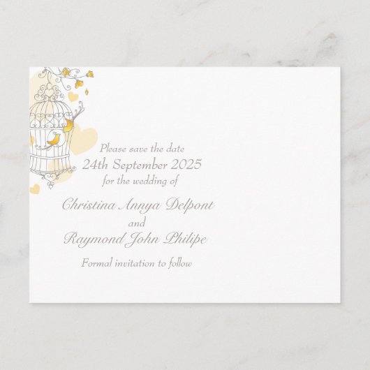 バードケ結婚ージの黄色が日付カードを保存 案内ポストカード (裏面)