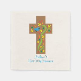バードコミュニオンナプキンと茶色の装飾十字 スタンダードカクテルナプキン