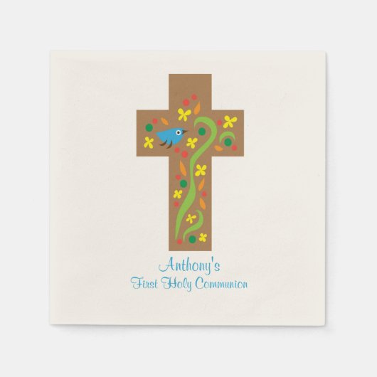 バードコミュニオンナプキンと茶色の装飾十字 スタンダードカクテルナプキン (正面)