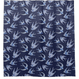 バードスワローフローラネイビーホワイトヴィンテージ 中国の シャワーカーテン