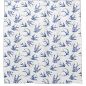 バードスワローフローラ海軍ホワイトチノイセリーヴィンテージ シャワーカーテン (正面)