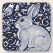 バードタイル付き青と白うさぎデザイン コースター (正面)